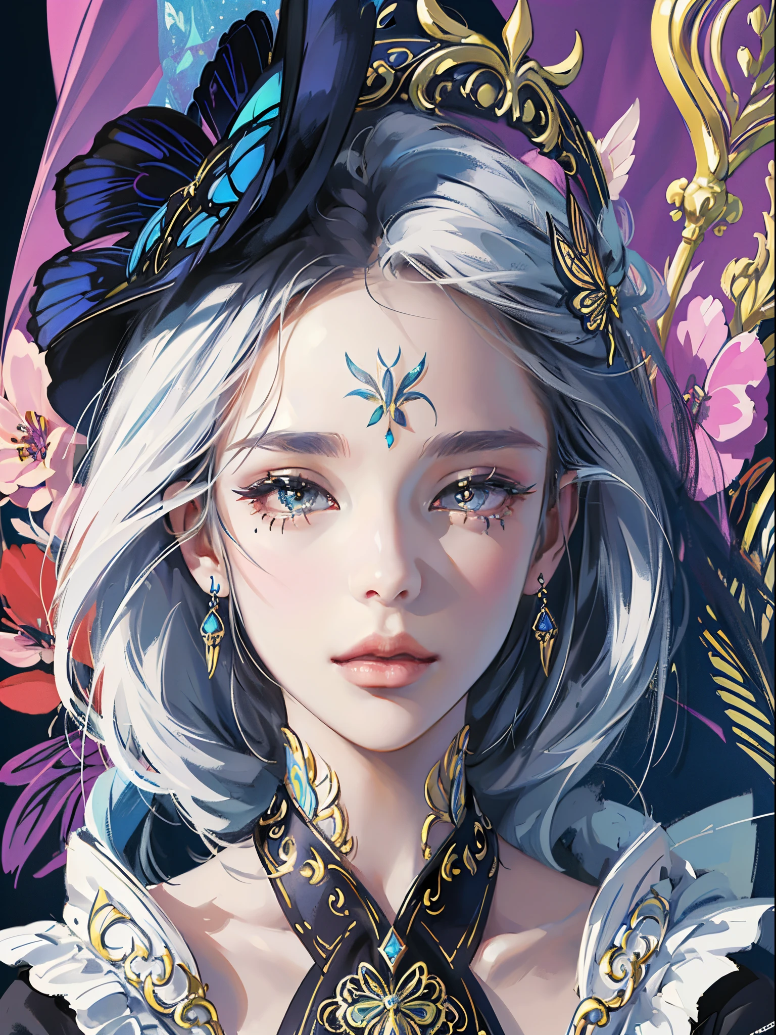 Butterfly motif、black and platinum tone、Vibrant colors、((​masterpiece)))、(((top-quality)))、((ultra-detailliert))、(A hyper-realistic)、(highly detailed CGillustration）、Official art、Moscow at the beginning of the 20th century、Decadent、Madame Papillon、Cool Beauty、Masquerade、refinement、Elegance、Gorgeous、Colorful and detailed mask design、matchless beauty、Fans、gorgeous dress、jewely、Female Solo、Perfect Angle、perfect-composition、Face close-up