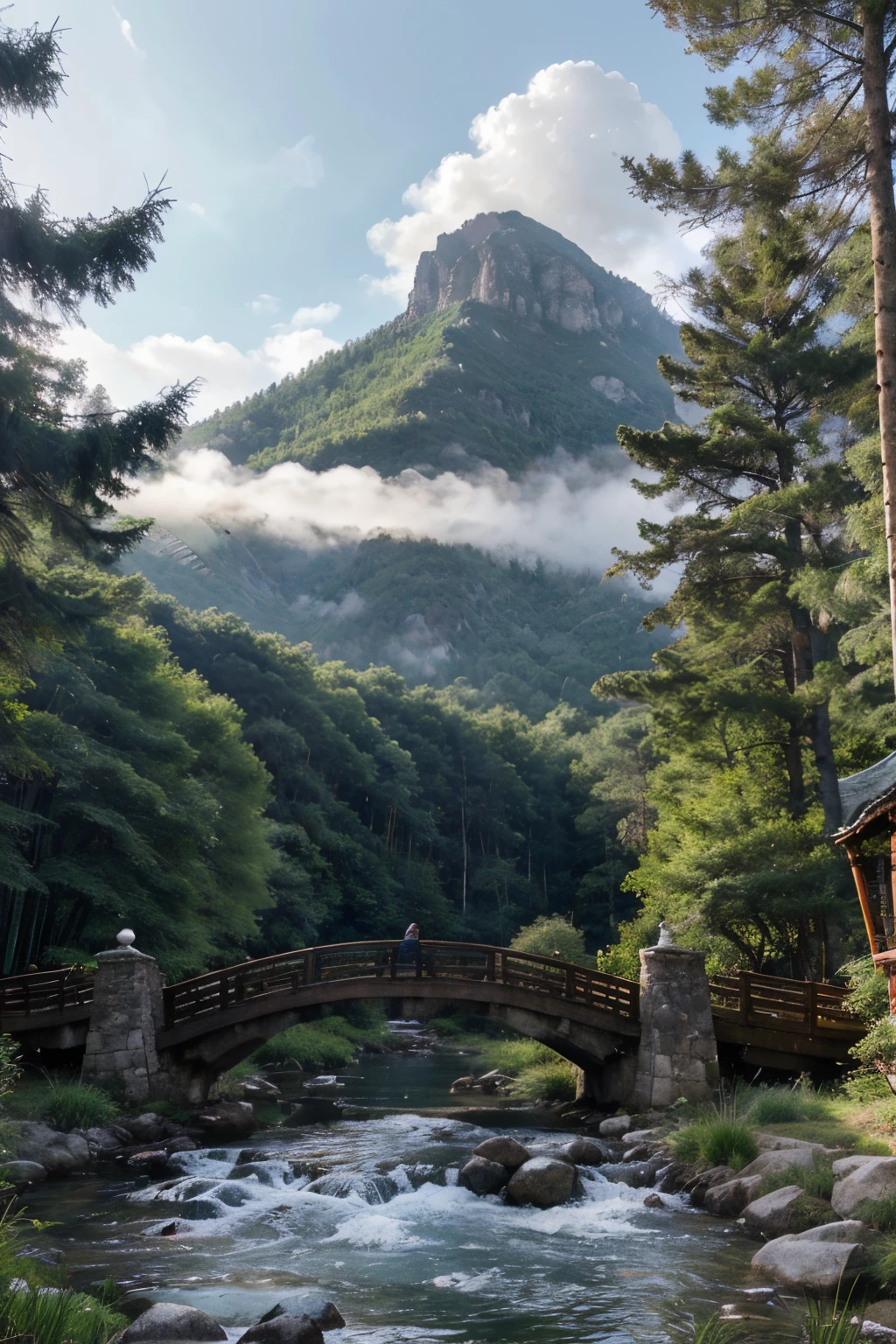 tall mountain peaks：Describe several steep hills、vigorous mountain peaks，The top of the mountain is covered with mist and snow。
Flowing waterfall：There is a silvery white waterfall in the mountains，Water flows down from high places，form water mist。
quaint little bridge：There is a small stone bridge at the foot of the mountain，The bridge is covered with moss，Across the gurgling stream。
dense pine trees：Surrounded by green pine trees，The trunk is straight，Dense foliage，Add life to the picture。
Slim bamboo forest：The tall bamboos in the bamboo forest on one side，Bamboo leaves rustle when the breeze blows。
Village in the distance：Several small houses can be seen at the foot of the mountain，Smoke rises from the kitchen，Showing a quiet and peaceful pastoral scene。
Sky with clouds：The sky appears light blue，Mixed with a few elegant white clouds，Complementing the landscape。