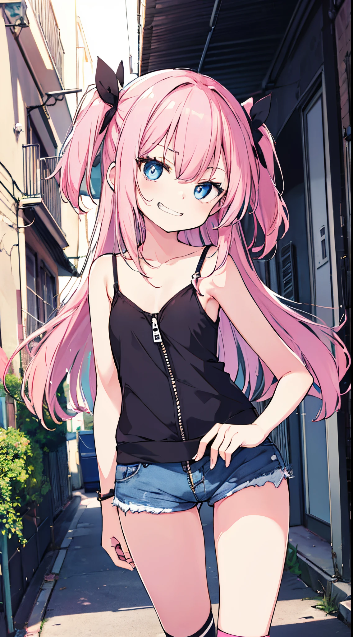(8K、Top image quality、top-quality、masterpiece)、1 li、Pink hair、Long to Side Up、light blue eyes、(smirk grin)、Smaller chest、White camisole、denim micro short shorts、partially unzipped、(over kneehighs)、cowboy shot、Back alley background
