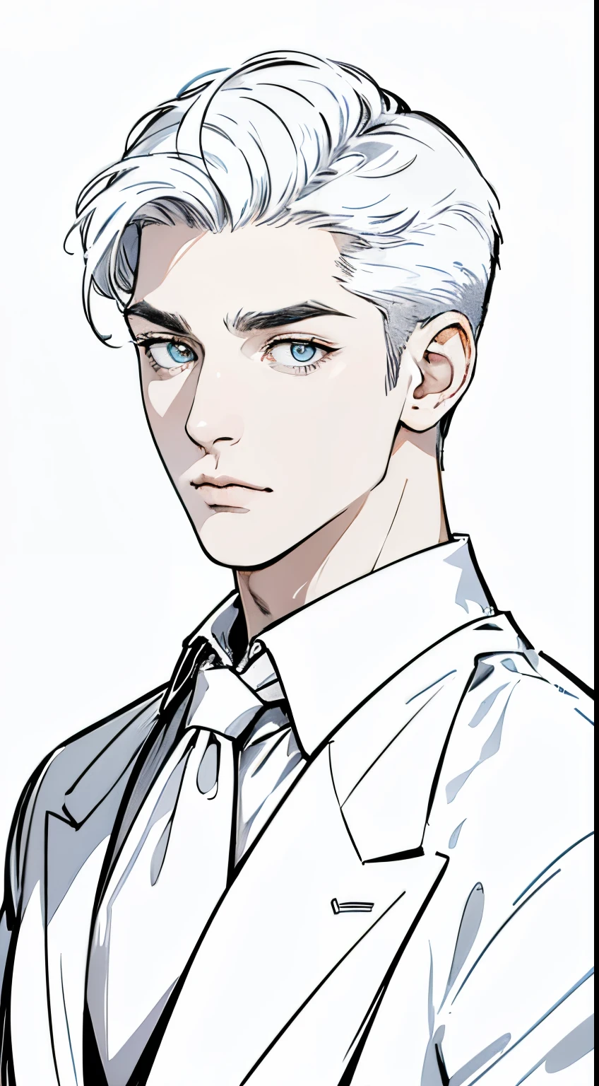 (((best quality, high quality))), ((Masterpiece)), ((((UHD, highres))), (((portrait))), It&#39;s like a cartoon in Japan, (((1 man))), Clear facial features, Simple line design, Transparent background, (masterpiece, top Quality, best quality, Clear facial features, beautiful eyes, (((simple detailed))) (((white background))), Fierce, fearsome, suit, mafia boss, handsome, undercut hairstyle, short hair,