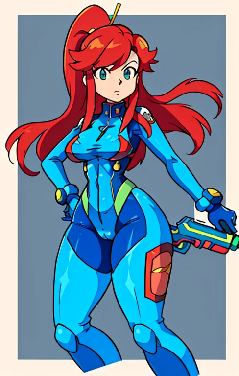 1girl, solo, a cartoon picture of yoko littner in zero suit samus outfit holding a gun, samus aran fanart, video game fanart, zero suit samus,yoko littner dressed up as zero suit samus, commission for high res, danbooru and artstation, thicc, high quality fanart, detailed fanart, samus, highly detailed exquisite fanart, game art, samus aran, cel shaded