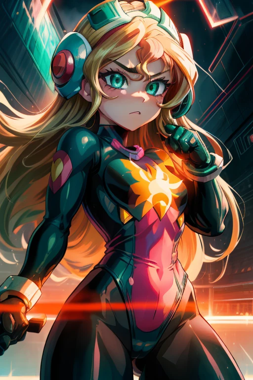 masterpiece,best quality,1girl,roll_exe_megamanbn,(helmet),blonde hair,long hair,leotard,green eyes,pink bodysuit,bodysuit,serious,action pose,glowing circuit background,