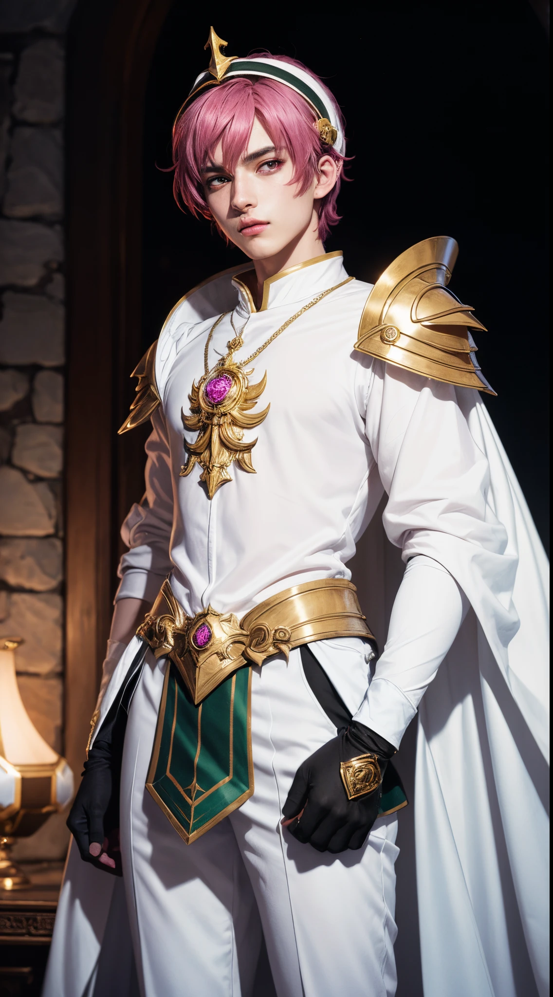 (absurdres, highres, ultra detailed, HDR), masterpiece, best quality, "magic knight rayearth" Character handsome boy in white outfit short hair wearing detailed headgear magenta hair
