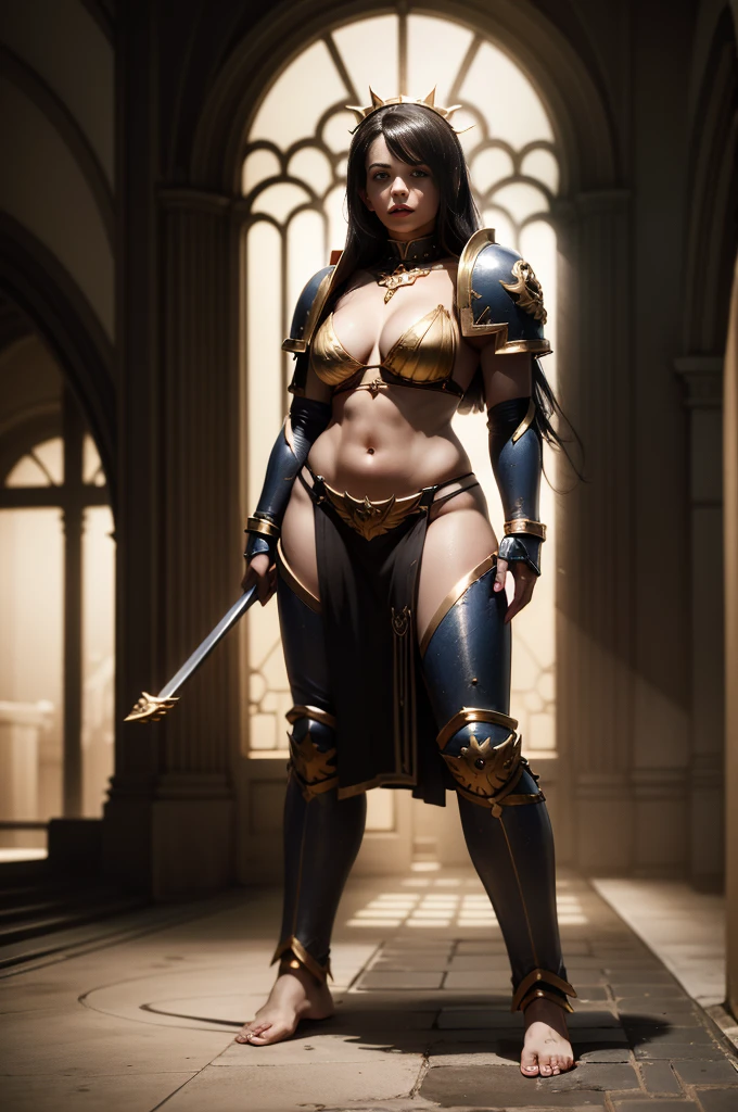 full body, barefoot, standing on bed, masterpiece, best quality, ultra-detailed, absurdres, warhummer 40000, adepta sororitas, girl, 1 person, beautiful face, a beautiful face, the perfect face, sister battle, bikini warrior