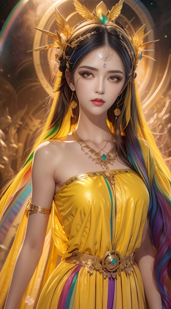 1 20 year old girl, 1 goddess Athena, colorful silk dress, beautiful goddess Athena face without blemishes, thin colorful nightgown, long thin female nightgown with many sexy black lace details, saint legend, saint icon, beautiful goddess style elegant glitter, dark and mysterious version, holy woman crown, vermilion lips, thin and beautiful lips, detailed and beautiful, karol character, no smile intricate, detailed background, extremely detailed, light magic, (pure and spotless face: 1.9), holy woman's body, round breasts, big and round breasts, phoenix brooch, long flat bangs, (7-color rainbow-colored hair: 1.9), clear beautiful face and well-proportioned eyes, (transparent yellow eyes: 1.8), (big round eyes and meticulous make-up, very beautiful and hidden makeup, long blonde hair, hidden makeup, beautiful and meticulous sleeping ring, pale, upper body, (sanctus upper bodies): 1.8), drooping arms, Realistic and vivid images, (stars that make up the sky: 1.7), (sky of heaven and fictional gates of time and space: 1.8), fictional art, RAW photos, hanfu photos, best photos, high resolution, best quality, best photos, surreal portraits, surreal female images, 8k quality , single female saint portrait, most realistic color scheme, best photo color, masterpiece, hair decoration, necklace, jewelry, pretty face, upper body, brand tyndall effect, real photo, dark studio, rim light, two-tone light, (rose white skin: 1.4), (high skin detail: 1.1), 8k uhd, dslr, high resolution, soft light, high quality, high quality h, Smooth and sharp, 10x pixelated, sexy goddess, sexy goddess, (background space: 1.8), (galaxy: 1.7) ), aurora, lightning, (Aurora Background: 1.8), most beautiful eyes, picture perfect eyes, beautiful saint and flowers, athena alone,