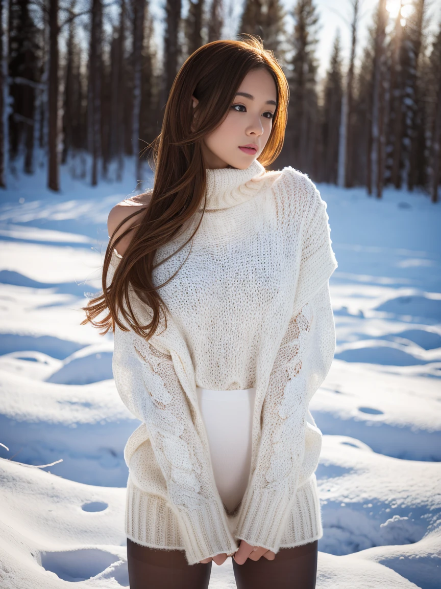 (Raw photo) Winters，Snowy landscape，Teenage (Orange shoulder sweater)，medium breasts, Long hair, lacepantyhose, White underwear, random color，Long sweater，depth of fields，Real Light，Ray traching，OC Renderer，UE5 Renderer，Hyper-realistic，best qualtiy，8K，Works of masters，super-fine，Detailed pubic hair，Correct anatomy.
