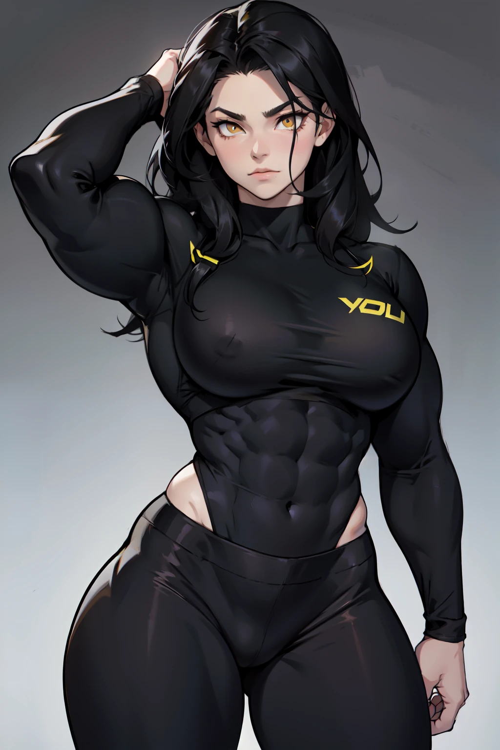 girl 1girl pale skin (((muscular))) toned body thick thighs black hair yellow eyes long hair grey background bodybuilder black tight long sleeve t-shirt big tits black leggings