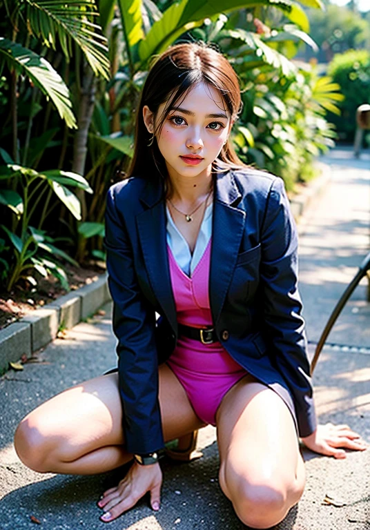 (8K High Resolution), (top-quality), (Raw quality),(masutepiece:1.2), (realisitic), (Photorealistic:1.37), ,Large eyes,long eyeslashes,(Live-action realistic style),The Ultimate Face,realistic light and shadow,Clear facial features,,Fair skin, ),Best portraits,Shooting at close range, 1 rapariga, Cute,Beautiful detailed eyes,highlydetailed skin,(Beautiful face with double eyelids), (Realism: 1.4),((Full body image)) ,Detailed and beautiful face,,Women around 20 years old,(Beautiful Face 1.4),Middle hair,((Japan woman in business suit)),(Make eye contact with your audience),red lipsticks,Limping around the eyes,(Laugh a little),In the tropical jungle,Sit upright on one knee.,The skirt is rolled up.、Panties look perfect..,Pastel colors panties,I love showing my panties to my viewers,Show your panties to your audience,Beautiful face reflected in the light,red lipsticks,Limping around the eyes,Very beautiful feet are attractive,A very bright world