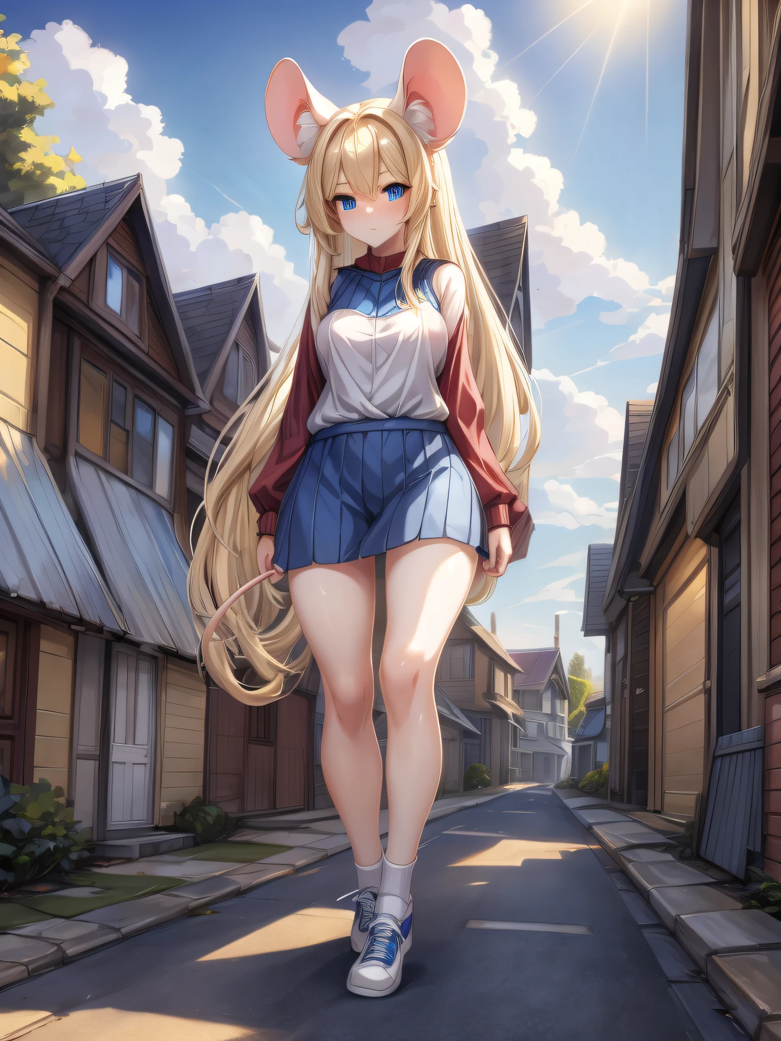 (Masterpiece) (High Detail) (High Res) A petite humanoid girl with pale skin and long blonde hair and blue eyes and fluffy mouse ears and a fluffy blonde mouse tail and average breasts is walking alone through the suburbs and is taller than the houses. She is a giant. She is leaning on a house roof.