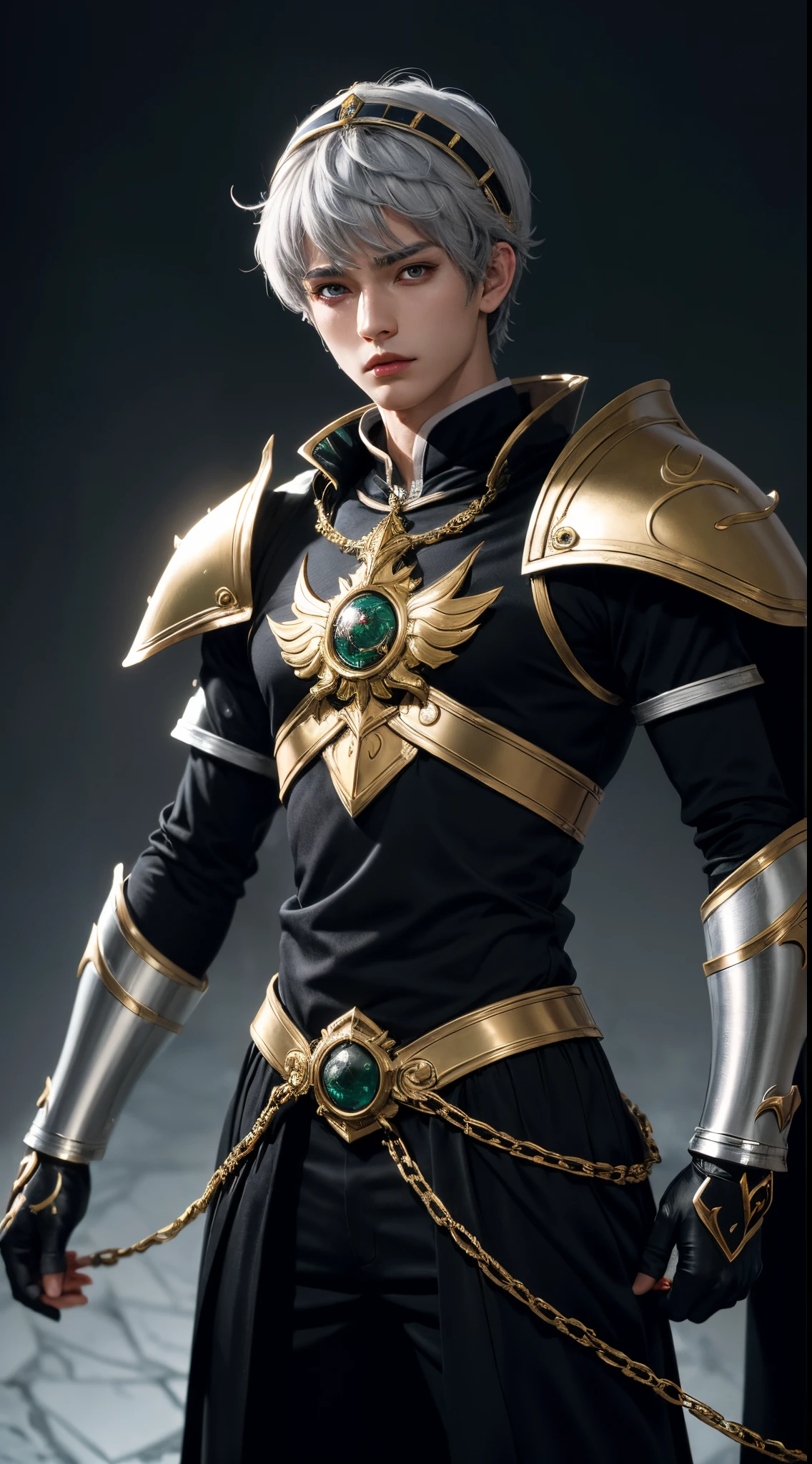 (absurdres, highres, ultra detailed, HDR), masterpiece, best quality, "magic knight rayearth" Character handsome boy in dark outfit short hair wearing detailed headgear grey hair