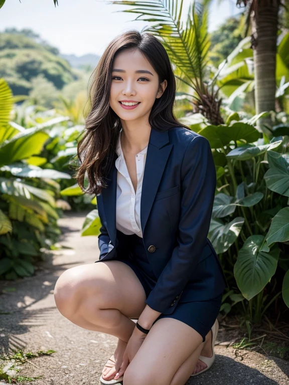 (8K High Resolution), (top-quality), (Raw quality),(masutepiece:1.2), (realisitic), (Photorealistic:1.37), ,Large eyes,long eyeslashes,(Live-action realistic style),The Ultimate Face,realistic light and shadow,Clear facial features,,Fair skin, ),Best portraits,Shooting at close range, 1 rapariga, Cute,Beautiful detailed eyes,highlydetailed skin,(Beautiful face with double eyelids), (Realism: 1.4),((Full body image)) ,Detailed and beautiful face,,Women around 20 years old,(Beautiful Face 1.4),Middle hair,((Japan woman in business suit)),(Make eye contact with your audience),red lipsticks,Limping around the eyes,(Laugh a little),In the tropical jungle,Sit upright on one knee.,The skirt is rolled up.、Panties look perfect..,Pastel colors panties,I love showing my panties to my viewers,Show your panties to your audience,Beautiful face reflected in the light,red lipsticks,Limping around the eyes,Very beautiful feet are attractive,A very bright world