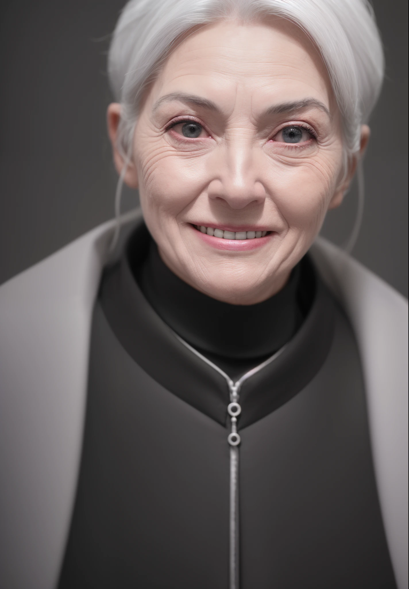 (femele, 70yo,aged up,ground pod)
White beard,White hair,Smile,close-up for destruction(white schult)
break gray background,flash lights
(masutepiece) (Photorealistic) (Best Quality) (Detailed skin) (Convoluted) (8K) (nffsw)、Black Dress、portrait next to my face、Looks happy。a black and white photo