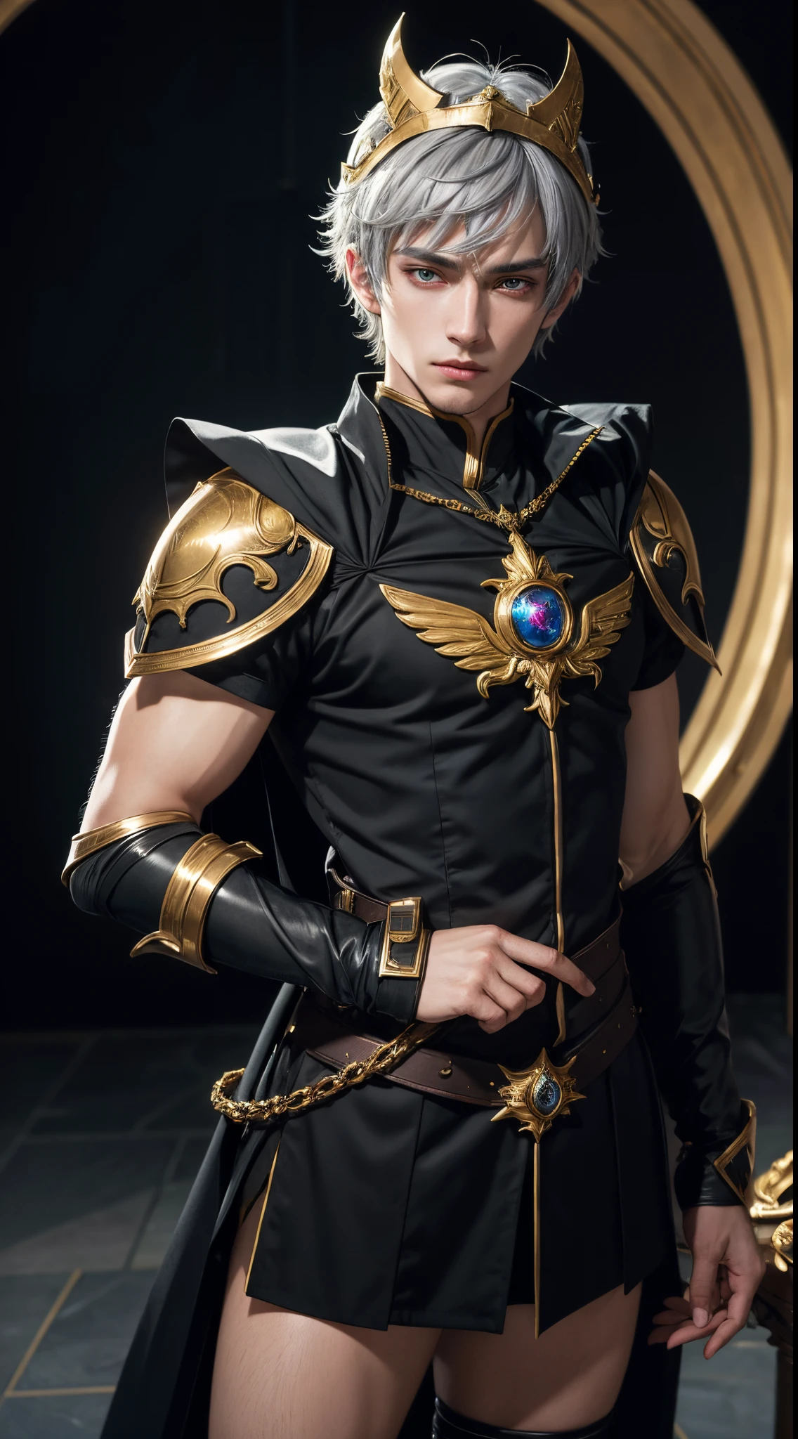 (absurdres, highres, ultra detailed, HDR), masterpiece, best quality, "magic knight rayearth" Character handsome boy in dark outfit short hair wearing detailed headgear grey hair