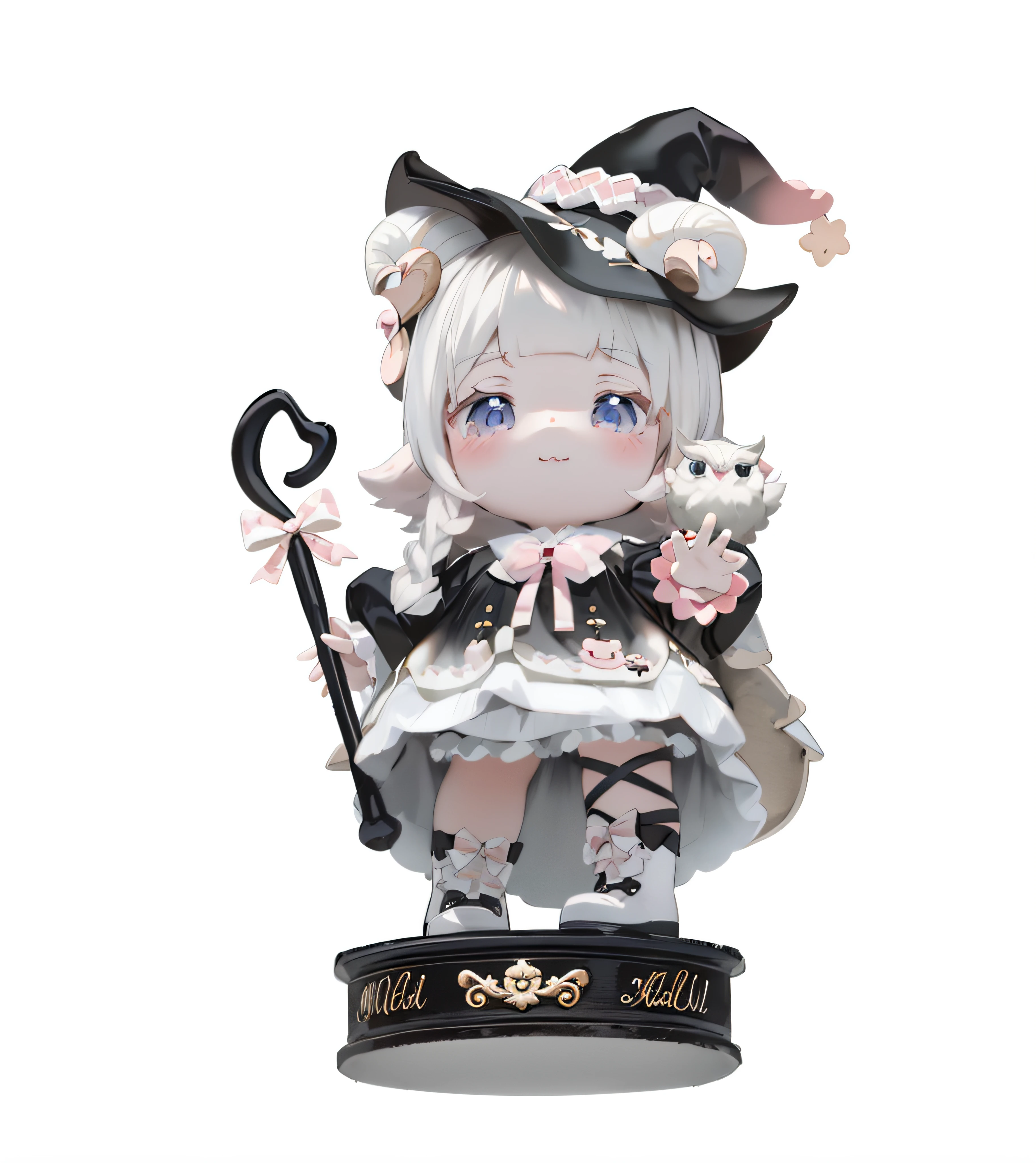 sheep horns ,lolita , cute character, ,loli pictures,lalafell, small loli girl, 2d,Two-dimensional,,Celluloid,k hd,8K,,owl on shoulder,With a wand in his hand,,Wizard's Hat,structurally correct ,Q version is very cute,black and white wizard