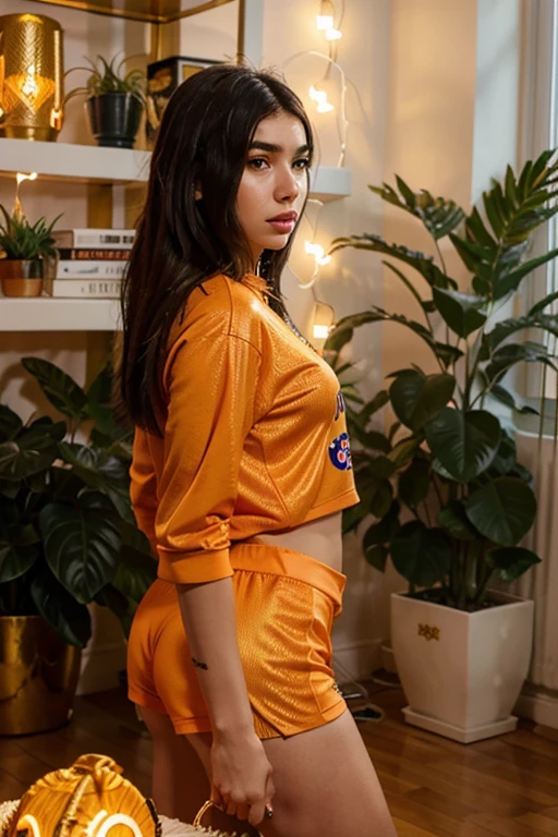 un primer plano de una mujer con un uniforme de animadora azul y amarillo, Aspecto Brooke Ashling.