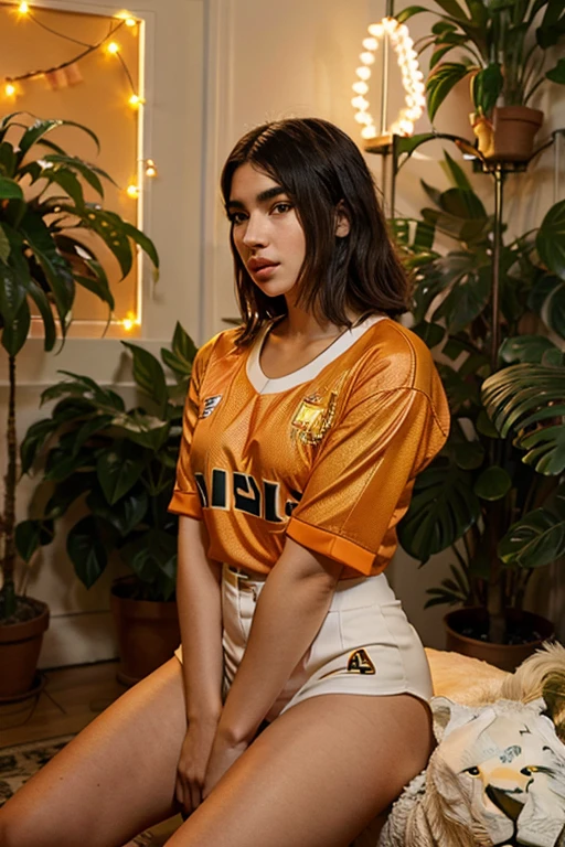 dua lipa with galatasaray jersey, leaning on small white lion statue inside of a room with plants and orange lights