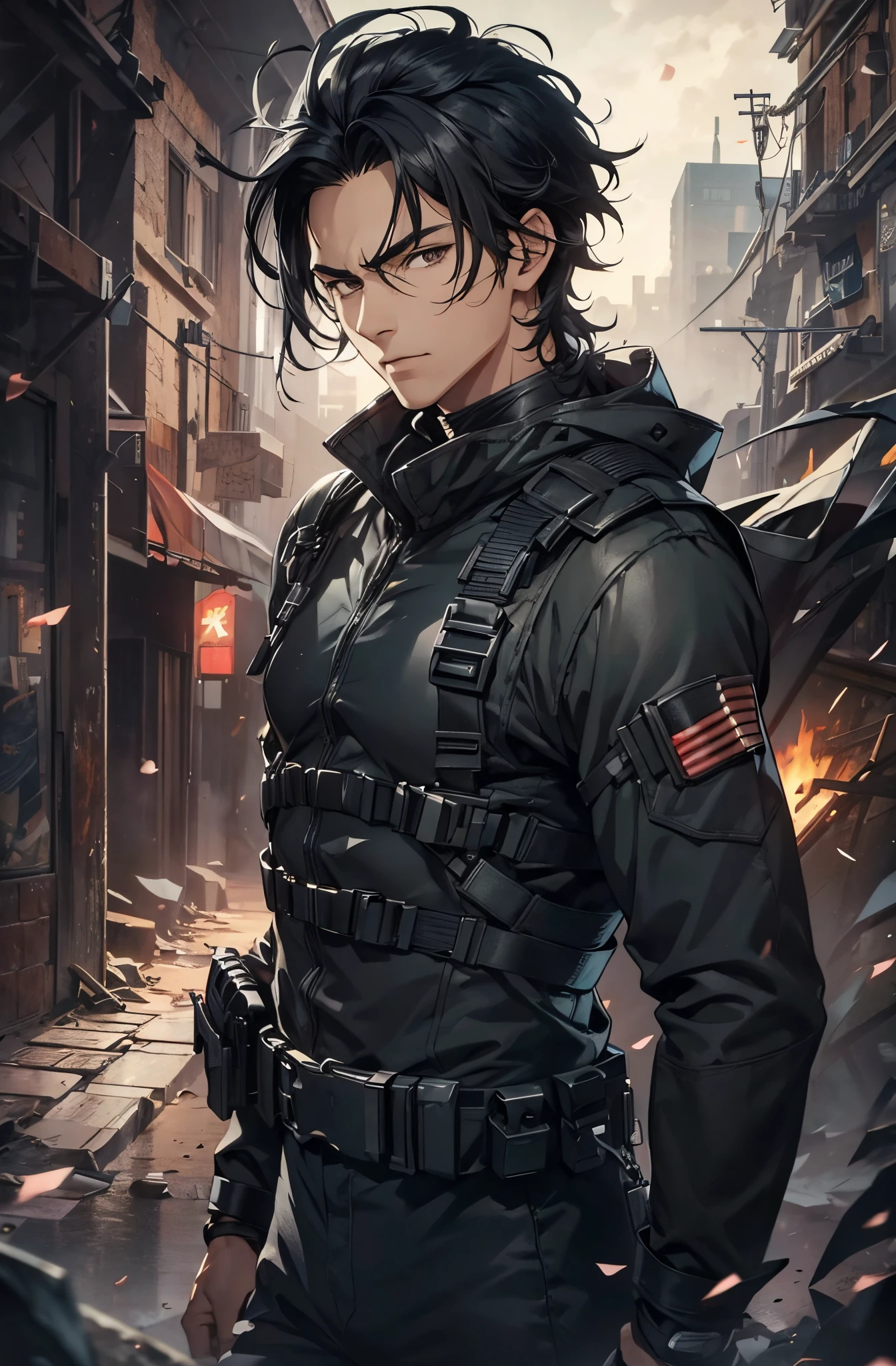 1man, handsome, wild black hair, wearing combat suit, masterpiece, 4k, top quality, highly detailed, official art