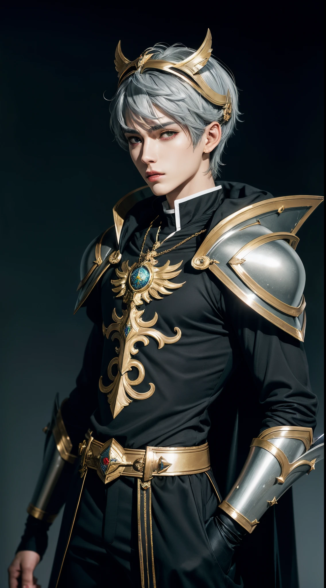 (absurdres, highres, ultra detailed, HDR), masterpiece, best quality, "magic knight rayearth" Character handsome boy in dark outfit short hair wearing detailed headgear grey hair