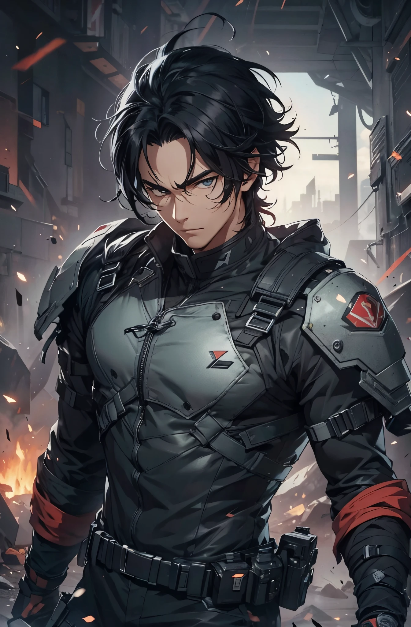 1man, handsome, wild black hair,  wearing combat suit, masterpiece, 4k, top quality, highly detailed, official art