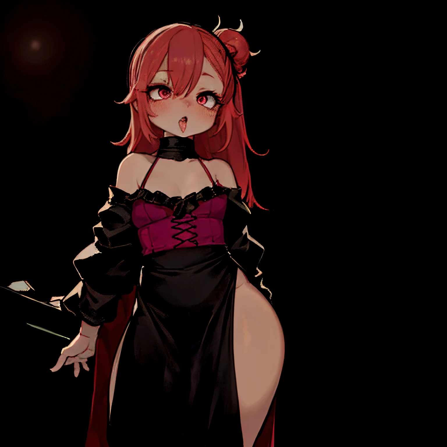 (Ahegao) Chica ROJA,Wear red lingerie,labios rojos brillantes,Ojos y cara detallados,Cabello rojo largo y suelto,standing in a dark room,Soft lighting,vivid colors,Artistic portrait,High resolution. (SNFW)