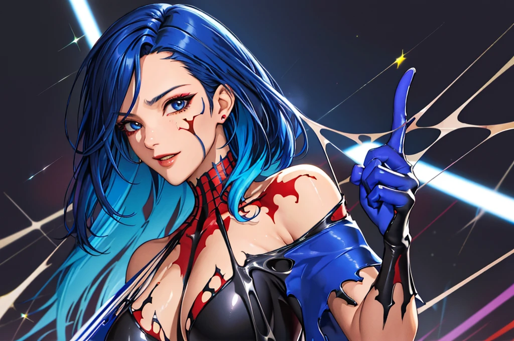 (best quality, masterpiece, colorful, dynamic angle, highest detailed) upper body photo, fashion photography of cute, dark blue hair with black highlights, torn spiderman suit,(ultrahigh resolution textures), in dynamic pose, bokeh, glowing web, (intricate details, hyperdetailed:1.15), detailed, light passing through hair, colorful art flat background(official art, extreme detailed, highest detailed), calmart, revealing clothes, coquettish, black streaks in hair, living clothes, shiny skin, dripping in fluids, dark makeup