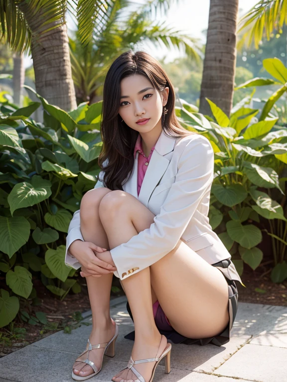 (8K High Resolution), (top-quality), (Raw quality),(masutepiece:1.2), (realisitic), (Photorealistic:1.37), ,Large eyes,long eyeslashes,（Live-action realistic style）,The Ultimate Face,realistic light and shadow,Clear facial features,,Fair skin, ）,Best portraits,Shooting at close range, 1 rapariga, Cute,Beautiful detailed eyes,highlydetailed skin,(Beautiful face with double eyelids), (Realism: 1.4),((Full body image)) ,Detailed and beautiful face,,Women around 20 years old,(Beautiful Face 1.4),Middle hair,((Japan woman in business suit)),(Make eye contact with your audience),red lipsticks,Limping around the eyes,(Laugh a little),In the tropical jungle,Sit upright on one knee.,The skirt is rolled up.、Panties look perfect..,Pastel colors panties,I love showing my panties to my viewers,Show your panties to your audience,Beautiful face reflected in the light,red lipsticks,Limping around the eyes,Very beautiful feet are attractive,A very bright world
