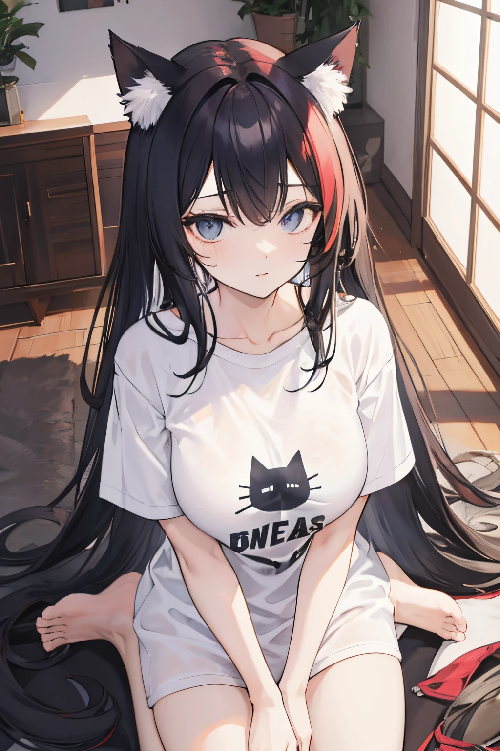 cat ear inside the house Long-haired woman Beautiful breasts tshirts full bodyesbian