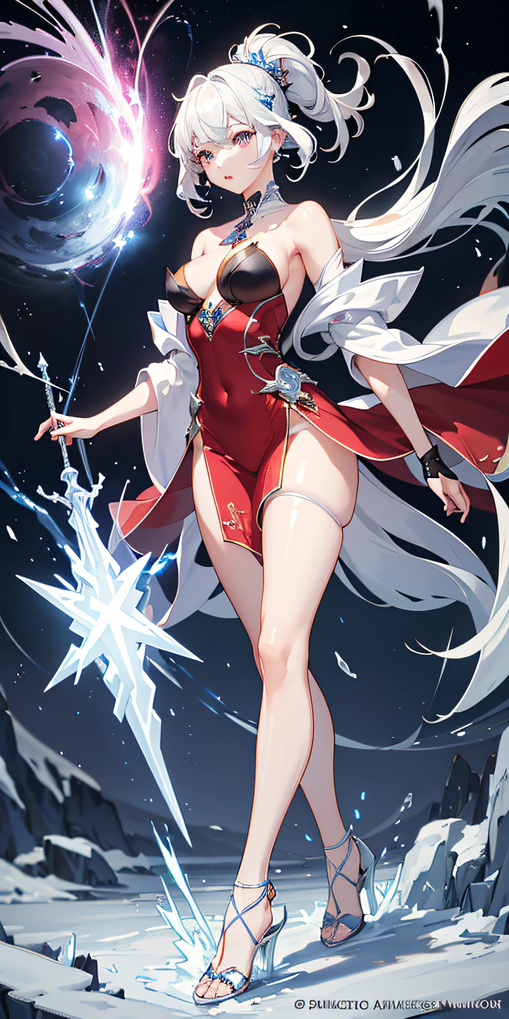 (Severe snowstorm 1.9)1 Delicate Girl, Komono, ,White hair, Purple eyes, David, blue fire, blue flames, Wallpaper, landscape, Blood, blood splashing, depth of fields, Night, light Particle, llight rays, side lights, thighs thighs thighs thighs, Fate \(Series\), GenshinImpact, , Open jacket, Skirt, thighs thighs thighs thighs, Cloud extraordinary sexy beauty、Beautiful, Gentle and cheerful look、Sexy refreshing appearance、Perfect beautiful cute face、Short ponytail、long bangs between eyes,、、Beautiful facial hair、Very cute beautiful sexy young woman、(Skindentation:1.5)、reallistic、Photorealsitic、(masuter piece:1.5)、Concept art、intricate-detail、A highly detailed、Photorealsitic、Octane Rendering、8K、Unreal Engine、Dynamic Pause、top-quality、hight resolution、(Lifelike face:1.1)、 (surrealistic:1.1)、((full body Esbian))、perfect eyes、(shinny skin:1.2)、(((hairstyle on)))、(((perfect hand)))、(highly detailed back ground)、((Moving background) )、((Lightning))、(llight rays)、((1girl in))、I'm wearing a cloak、(((flowing red dress)))、((finely eye、quality eyes、Quality face))、(extremely intricate robes、magical robe)、short-hair、Lightning、electricity、swirling fire、radiating power、spark of light、fumo、magia、((Dramatic))、epicd、battle field、depth of fields、Bokeh、4K、gotik、embers、Particle(Blue lightning all over the body 1.9)(Emits purple flames from both hands1.9)(Full body figure 1.9)(Beautiful Legs 1.9)(stiletto heels 1.9)(((powerful ice magic 1.9)))(((Ice lightning wraps your whole body 1.9)))(((Beautiful Legs 1.8))(Severe snowstorm 1.9)slim figure