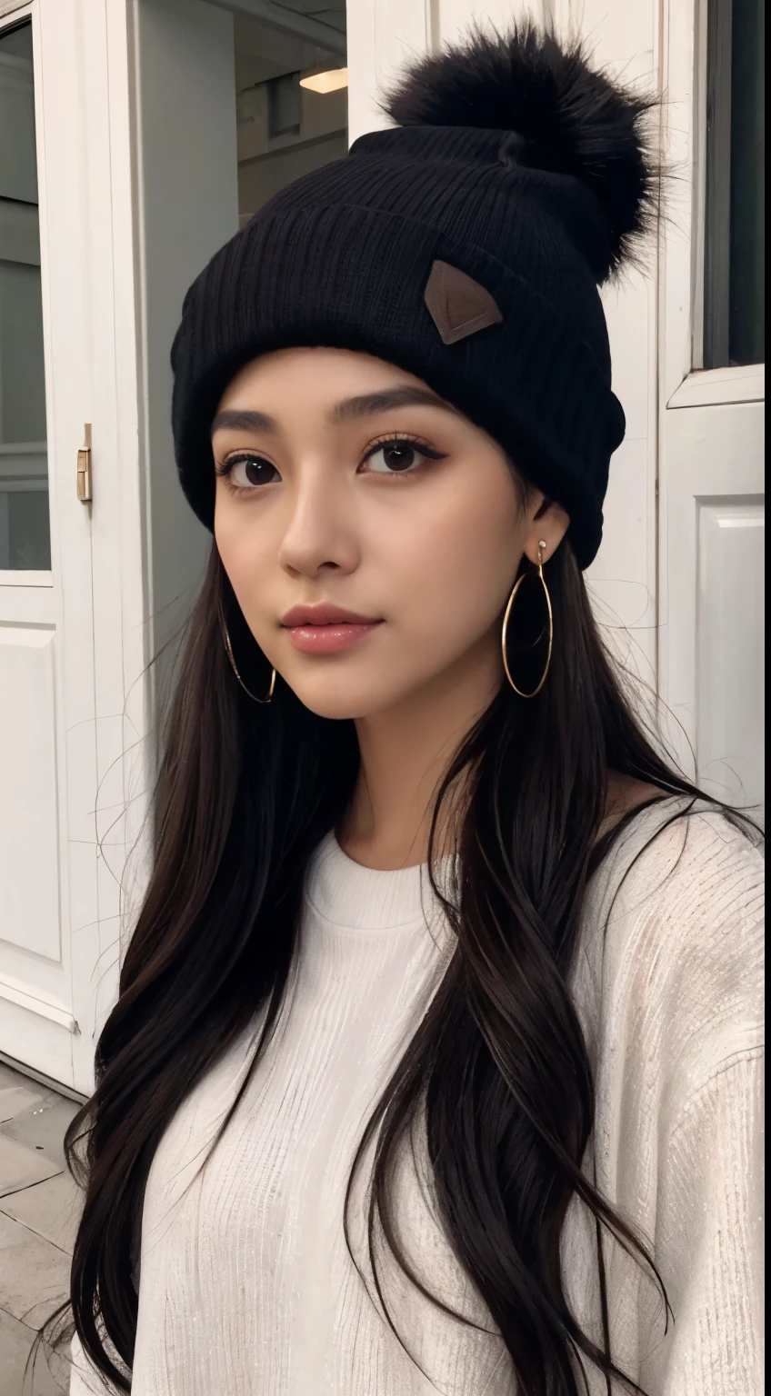 1girl, solo, long hair, black hair, written clothes, brown eyes, looking at the viewer, beanie, lips, upper body, closed mouth, shirt, earrings, https://i.postimg.cc/tCDfNDvp/Screenshot-20230606-212445.png