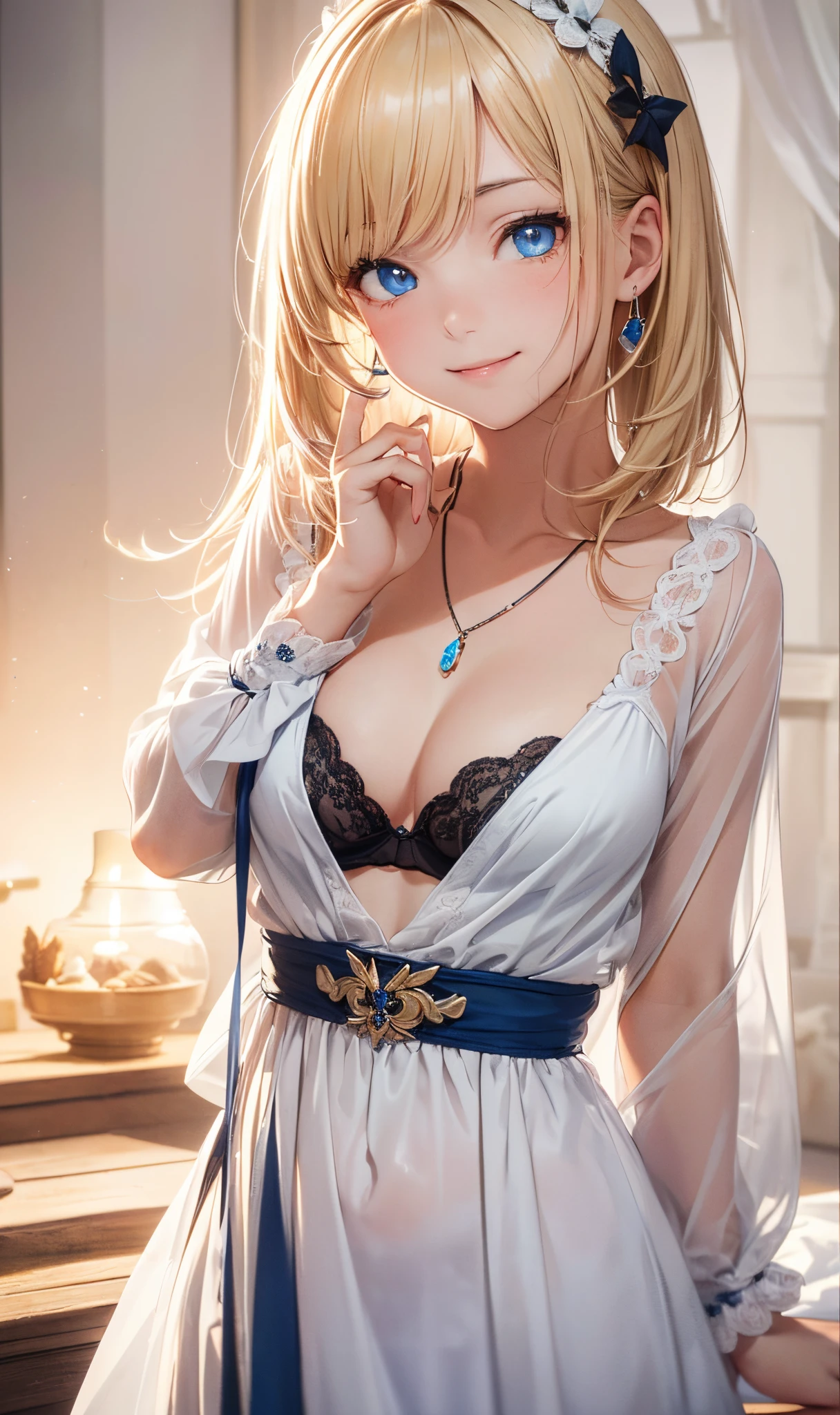 (masterpiece),(top-quality:1.2),1girl in,(masuter piece:1.3),exquisitedetails, Highest quality 8K resolution,Vibrant colors, With warm and gentle lighting,(Smooth straight blonde hair:1.2),(Hair parted in the middle:1.3),(Glowing hair),(Dark blue eyes:1.3),cute smile face,White skin, hair clips,Small necklace,