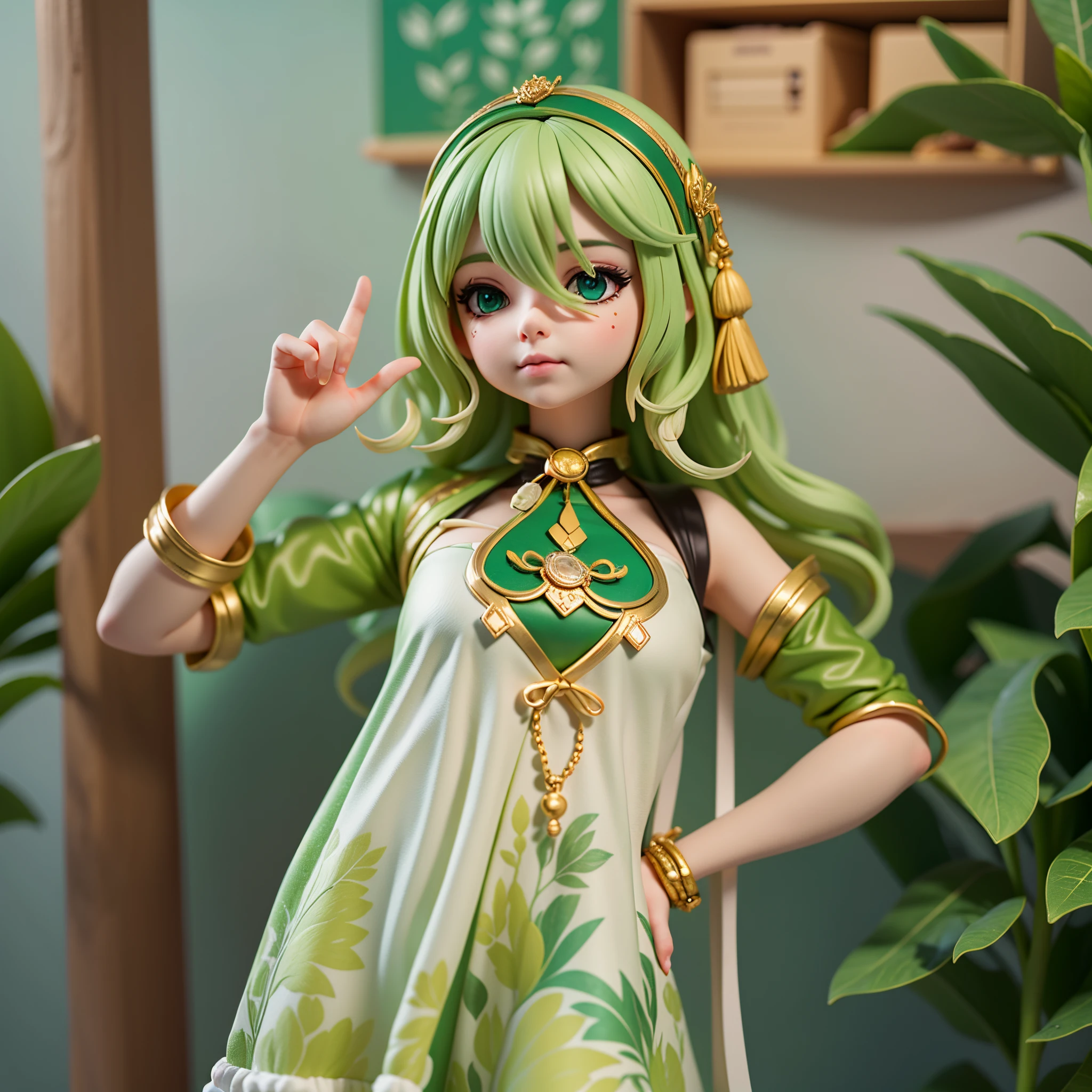 arafed woman in a white dress with green and gold accents, ((young peoole)),chibi,blindbox, plastican00d,(best quality, 4k, 8k, highres, masterpiece:1.2), ultra-detailed, playful, cartoon, cute, 3d rendering,