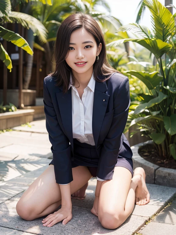 (8K High Resolution), (top-quality), (Raw quality),(masutepiece:1.2), (realisitic), (Photorealistic:1.37), ,Large eyes,long eyeslashes,(Live-action realistic style),The Ultimate Face,realistic light and shadow,Clear facial features,,Fair skin, ),Best portraits,Shooting at close range, 1 rapariga, Cute,Beautiful detailed eyes,highlydetailed skin,(Beautiful face with double eyelids), (Realism: 1.4),((Full body image)) ,Detailed and beautiful face,,Women around 20 years old,(Beautiful Face 1.4),Middle hair,((Japan woman in business suit)),(Make eye contact with your audience),red lipsticks,Limping around the eyes,(Laugh a little),In the tropical jungle,Sit upright on one knee.,The skirt is rolled up.、Panties look perfect..,Pastel colors panties,I love showing my panties to my viewers,Show your panties to your audience,Beautiful face reflected in the light,red lipsticks,Limping around the eyes,Very beautiful feet are attractive,A very bright world