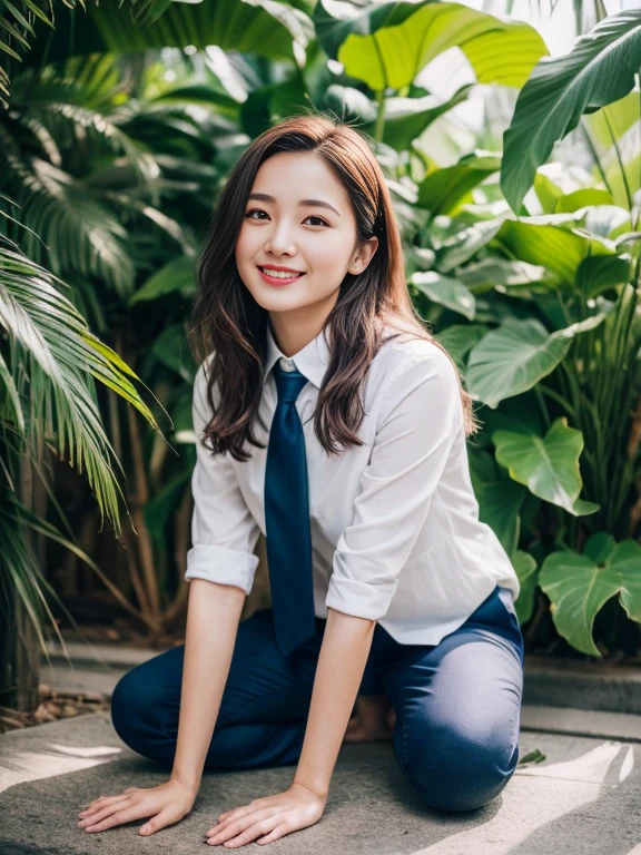 (8K High Resolution), (top-quality), (Raw quality),(masutepiece:1.2), (realisitic), (Photorealistic:1.37), ,Large eyes,long eyeslashes,（Live-action realistic style）,The Ultimate Face,realistic light and shadow,Clear facial features,,Fair skin, ）,Best portraits,Shooting at close range, 1 rapariga, Cute,Beautiful detailed eyes,highlydetailed skin,(Beautiful face with double eyelids), (Realism: 1.4),((Full body image)) ,Detailed and beautiful face,,Women around 20 years old,(Beautiful Face 1.4),Middle hair,((Japan woman in business suit)),(Make eye contact with your audience),red lipsticks,Limping around the eyes,(Laugh a little),In the tropical jungle,Sit upright on one knee.,The skirt is rolled up.、Panties look perfect..,Pastel colors panties,I love showing my panties to my viewers,Show your panties to your audience,Beautiful face reflected in the light,red lipsticks,Limping around the eyes,Very beautiful feet are attractive,A very bright world