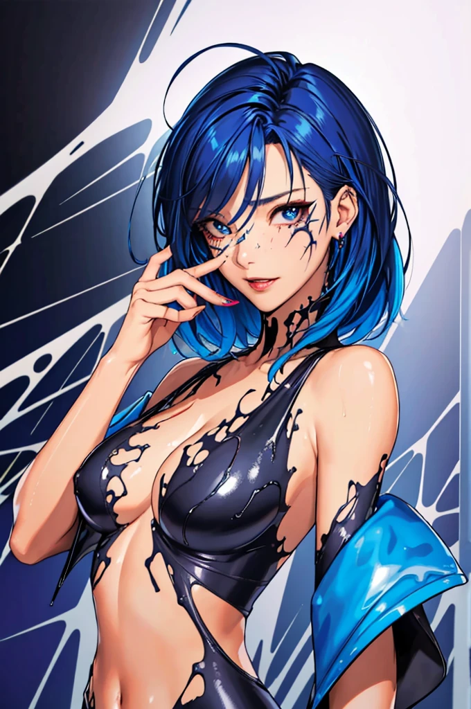 (best quality, masterpiece, colorful, dynamic angle, highest detailed) upper body photo, fashion photography of cute, dark blue hair with black highlights, torn spiderman suit,(ultrahigh resolution textures), in dynamic pose, bokeh, glowing web, (intricate details, hyperdetailed:1.15), detailed, light passing through hair, colorful art flat background(official art, extreme detailed, highest detailed), calmart, revealing clothes, coquettish, black streaks in hair, living clothes, shiny skin, dripping in fluids, dark makeup