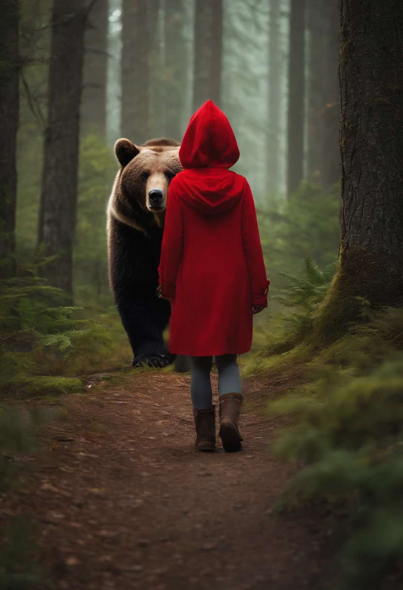 A girl wearing a red hood walking in the forest is surprised when she encounters a bear.