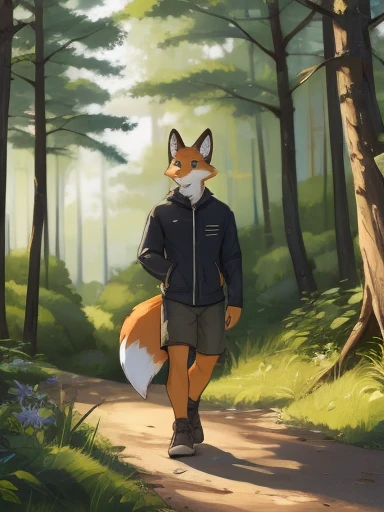 Masterpiece, best quality, high quality, 1Female furry Fox girl, 1Male furry fox, 21 years old, (Fox girl has Green eyes, has slim body, wears Green jacket with farmer pants, has medium breasts), (Fox boy has Green eyes, wears Black leather clothes with farmer pants, slim body, strong build) standing in the Park, hugging, smile, sunny day