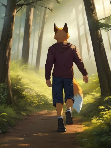 fox in casual clothing walking through a forest, front facing