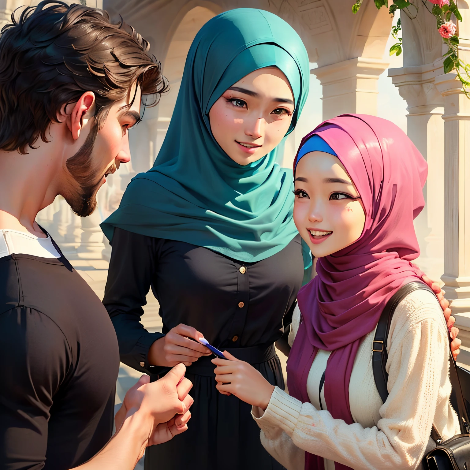 a man surprise a hijab girl with a flower