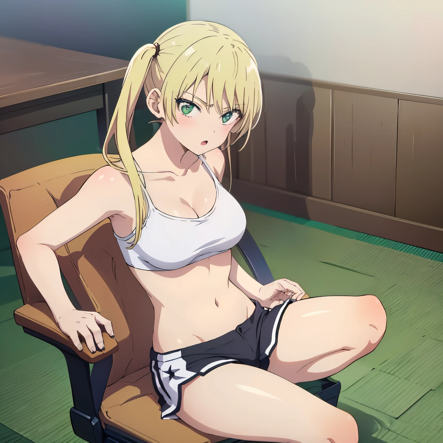 masterpiece, best quality, 1 girl, alone, mirika, hoshizaki rika, green eyes, tsurime, eyelashes, blonde hair, long hair, pigtails, side locks, fangs, large breasts, medium waist, medium hips, wide thighs indoors, room, sitting, sitting on chair, legs open, collarbone, tank top, cleavage, bare arms, white crop top, tight top, abdomen, navel, black shorts, dolphin shorts, looking at the viewer, leaning forward, blushing, surprised, :o