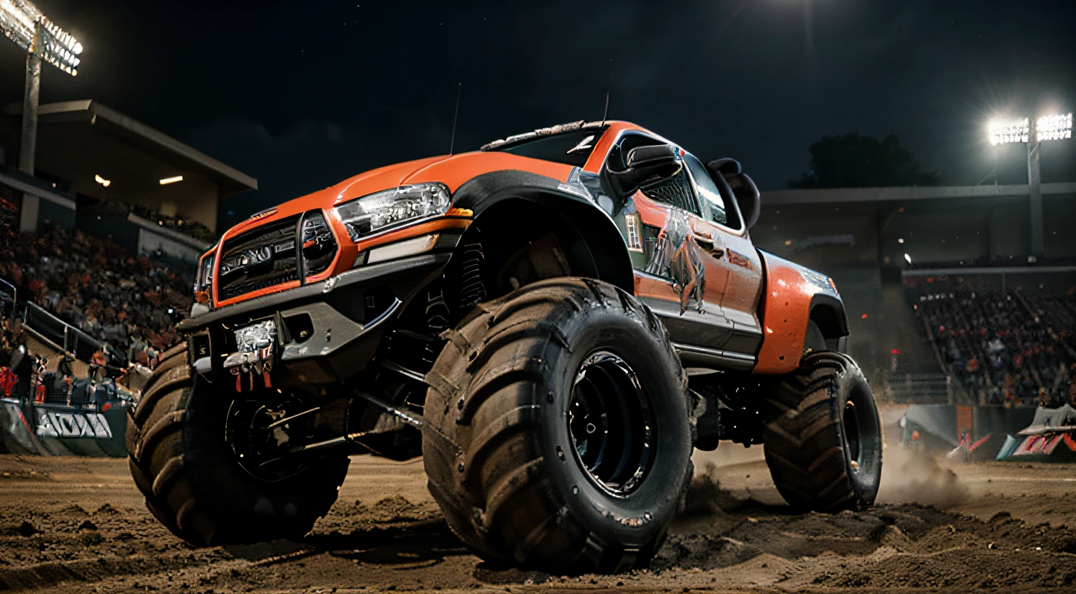 Close-up of a monster truck in the arena, at night Monster Truck Rally, monster truck, the truck rushes towards the camera, monster, Monster Energy, Alien racers, menacing!, Game logo, Race, promo art, cover shot, racing, menacing!!!, official artwork, Truck, mm, 💋 💄 👠 👗, Official screenshot, an album cover, Canon EOS-1D X Mark II Canon EF 135mm f/2l USM F/6.3 Focal length:135 ISO:640 Exposure:1/500