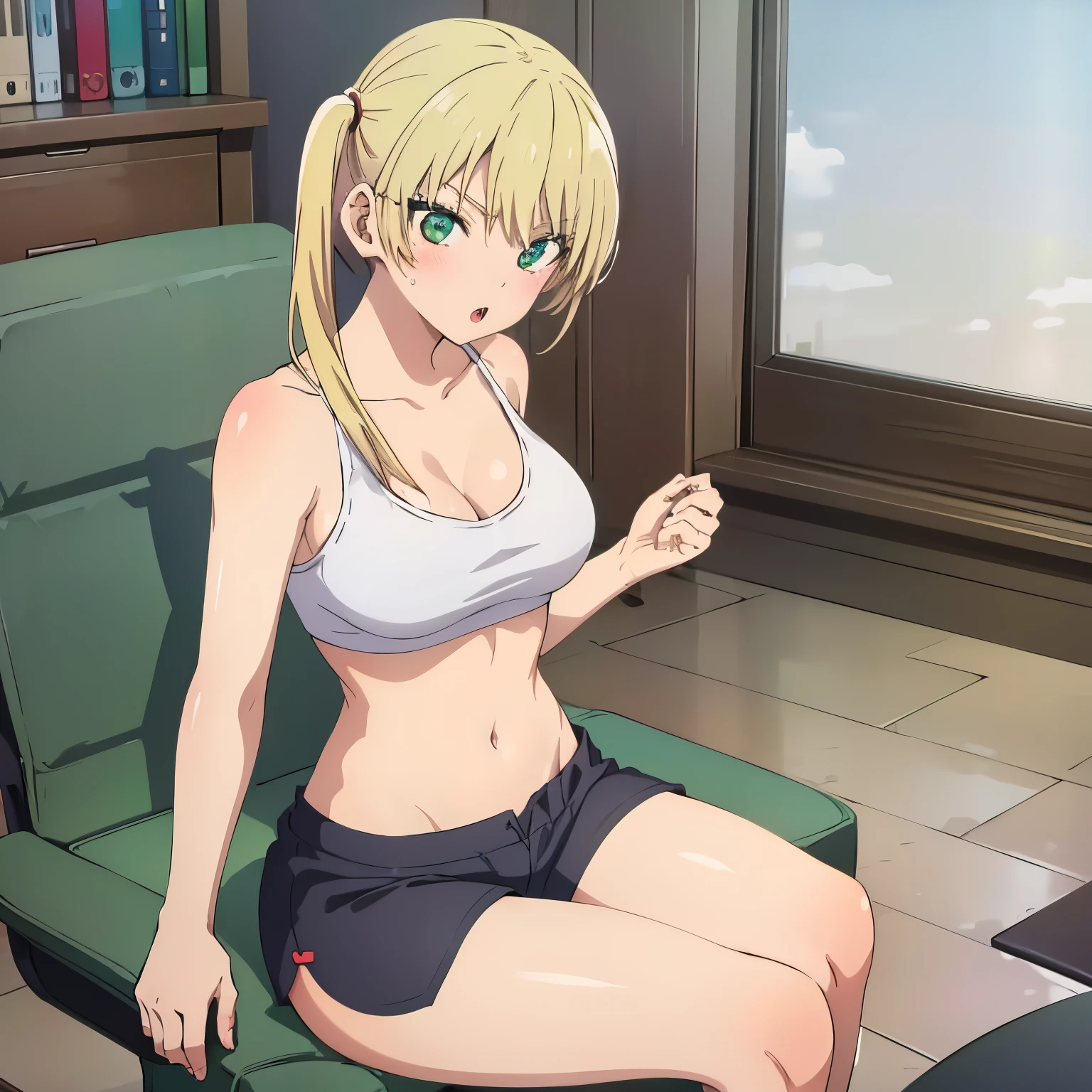 masterpiece, best quality, 1 girl, alone, mirika, hoshizaki rika, green eyes, tsurime, eyelashes, blonde hair, long hair, pigtails, side locks, fangs, large breasts, medium waist, medium hips, wide thighs indoors, room, sitting, sitting on chair, legs open, collarbone, tank top, cleavage, bare arms, white crop top, tight top, abdomen, navel, black shorts, dolphin shorts, looking at the viewer, leaning forward, blushing, surprised, :o