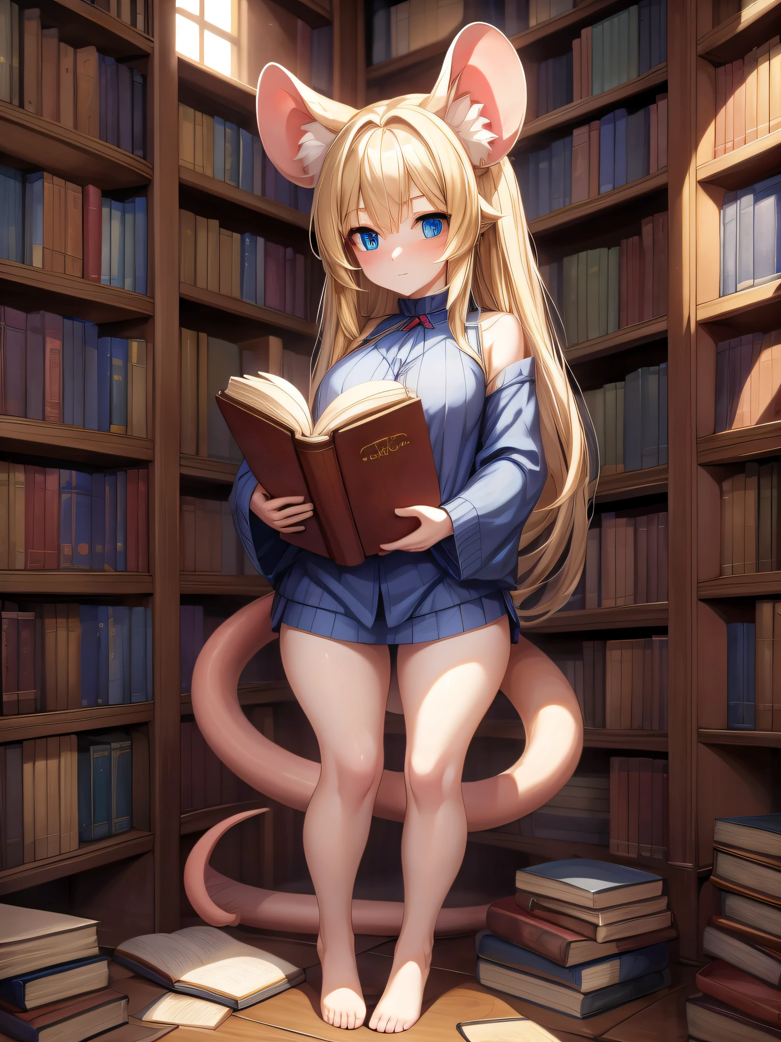 (Masterpiece) (High Detail) (High Res) A petite humanoid girl with pale skin and long blonde hair and blue eyes and fluffy mouse ears and a fluffy blonde mouse tail and average breasts is stood next to a giant book. She has been shrunk down to the size of a mouse and is stood on a bookshelf surrounded by giant books.