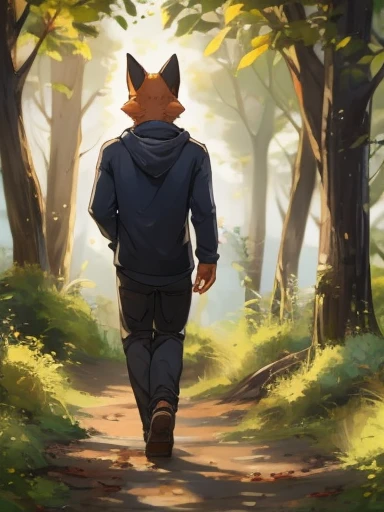 fox in casual clothing walking through a forest, front facing
