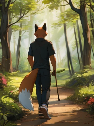 fox in casual clothing walking through a forest, front facing