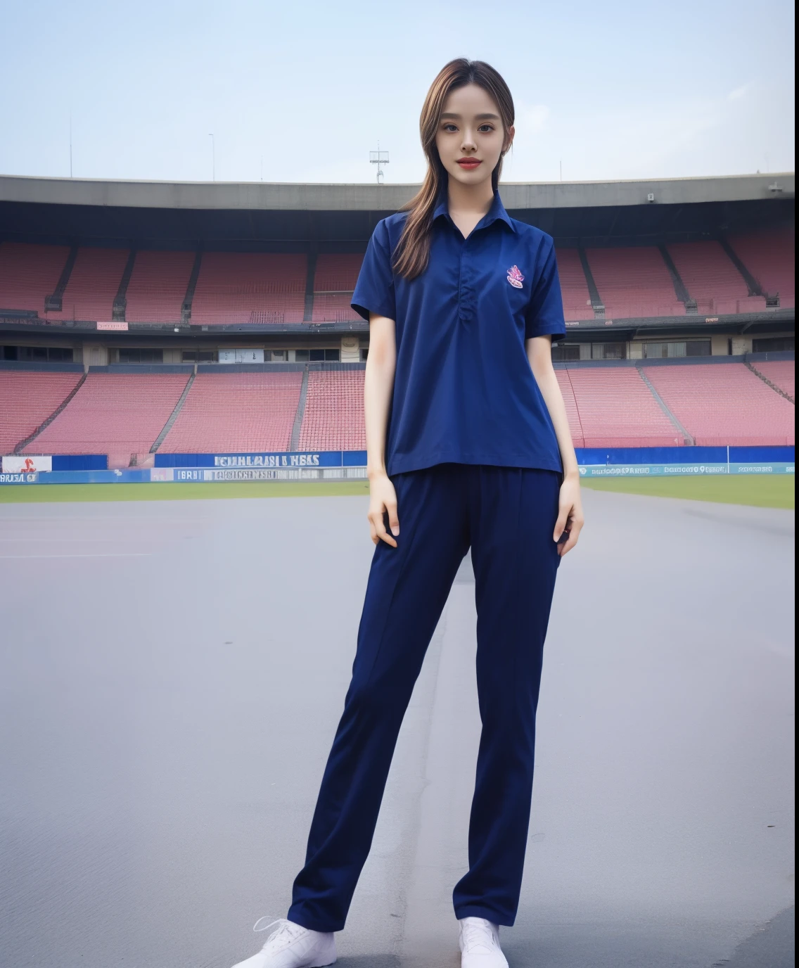 (bestquality,10,10,highres,masterpiece:1.2),ultra-detail,(Realistic,photorealistic portrait,photo-realistic:1.37),1 Cute girl in the football field,oily shiny skin,bara,light smile,BDclothes,((blue shirt:1.3)),short sleeves,shirt, trousers.,(navy_long_Pants Track:1.1), ((Stadium Background:1.3)),dynamic angle,excited,face focus,Dynamic Poses,from behide,Ass Focus,masterpiece, bestquality, ultra realistic, hyper-detail, 8k resolution, RAW photo, crisp focus, ((Navy blue shirt:1.1)), short sleeves, Long Path, Perfect body, 2 mature women, 18yo, cinematic light,Blue sweatpants,Gymware,Correct anatomy,Complete body, Correct body, sharp face, Anatomically correct body, full entire body, Realistic gestures, long-haired, Realistic poses,Wear long shorts.........................,Long leg span,Shapely,Sculpting Girl, Slender Figure, mannequin mannequins, Shapely, Beautiful body,Blue sweatpants, Two girls kissing