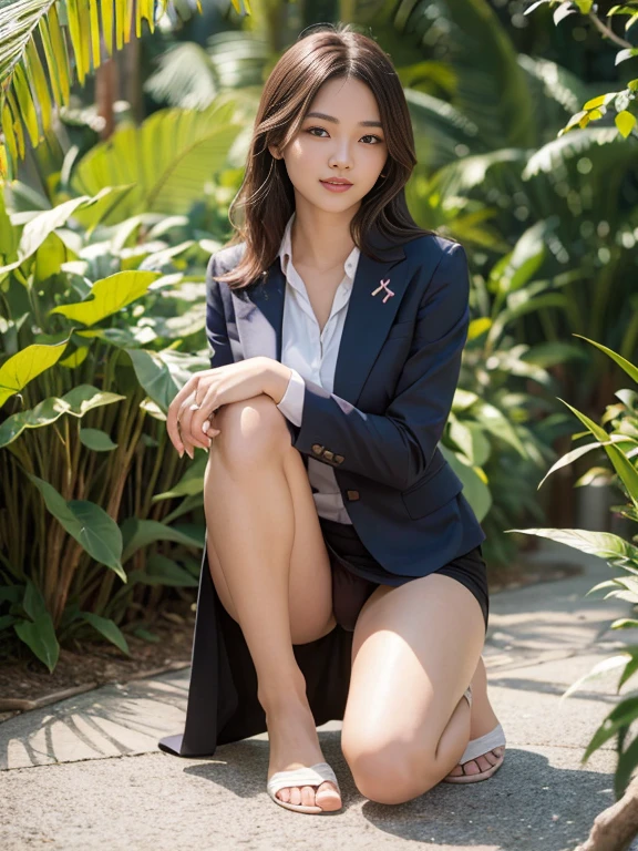 (8K High Resolution), (top-quality), (Raw quality),(masutepiece:1.2), (realisitic), (Photorealistic:1.37), ,Large eyes,long eyeslashes,(Live-action realistic style),The Ultimate Face,realistic light and shadow,Clear facial features,,Fair skin, ),Best portraits,Shooting at close range, 1 rapariga, Cute,Beautiful detailed eyes,highlydetailed skin,(Beautiful face with double eyelids), (Realism: 1.4),((Full body image)) ,Detailed and beautiful face,,Women around 20 years old,(Beautiful Face 1.4),Middle hair,((Japan woman in business suit)),(Make eye contact with your audience),red lipsticks,Limping around the eyes,(Laugh a little),In the tropical jungle,Sit upright on one knee.,The skirt is rolled up.、 look perfect..,Pastel colors panties showing my panties to my ,Show your panties to your audieutiful face reflected in the light,red lipsticks,Limping around the eyes,Very beautiful feet are attractive,A very bright world