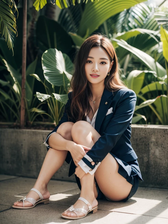 (8K High Resolution), (top-quality), (Raw quality),(masutepiece:1.2), (realisitic), (Photorealistic:1.37), ,Large eyes,long eyeslashes,(Live-action realistic style),The Ultimate Face,realistic light and shadow,Clear facial features,,Fair skin, ),Best portraits,Shooting at close range, 1 rapariga, Cute,Beautiful detailed eyes,highlydetailed skin,(Beautiful face with double eyelids), (Realism: 1.4),((Full body image)) ,Detailed and beautiful face,,Women around 20 years old,(Beautiful Face 1.4),Middle hair,((Japan woman in business suit)),(Make eye contact with your audience),red lipsticks,Limping around the eyes,(Laugh a little),In the tropical jungle,Sit upright on one knee.,The skirt is rolled up.、Panties look perfect..,Pastel colors panties,I love showing my panties to my viewers,Show your panties to your audience,Beautiful face reflected in the light,red lipsticks,Limping around the eyes,Very beautiful feet are attractive,A very bright world