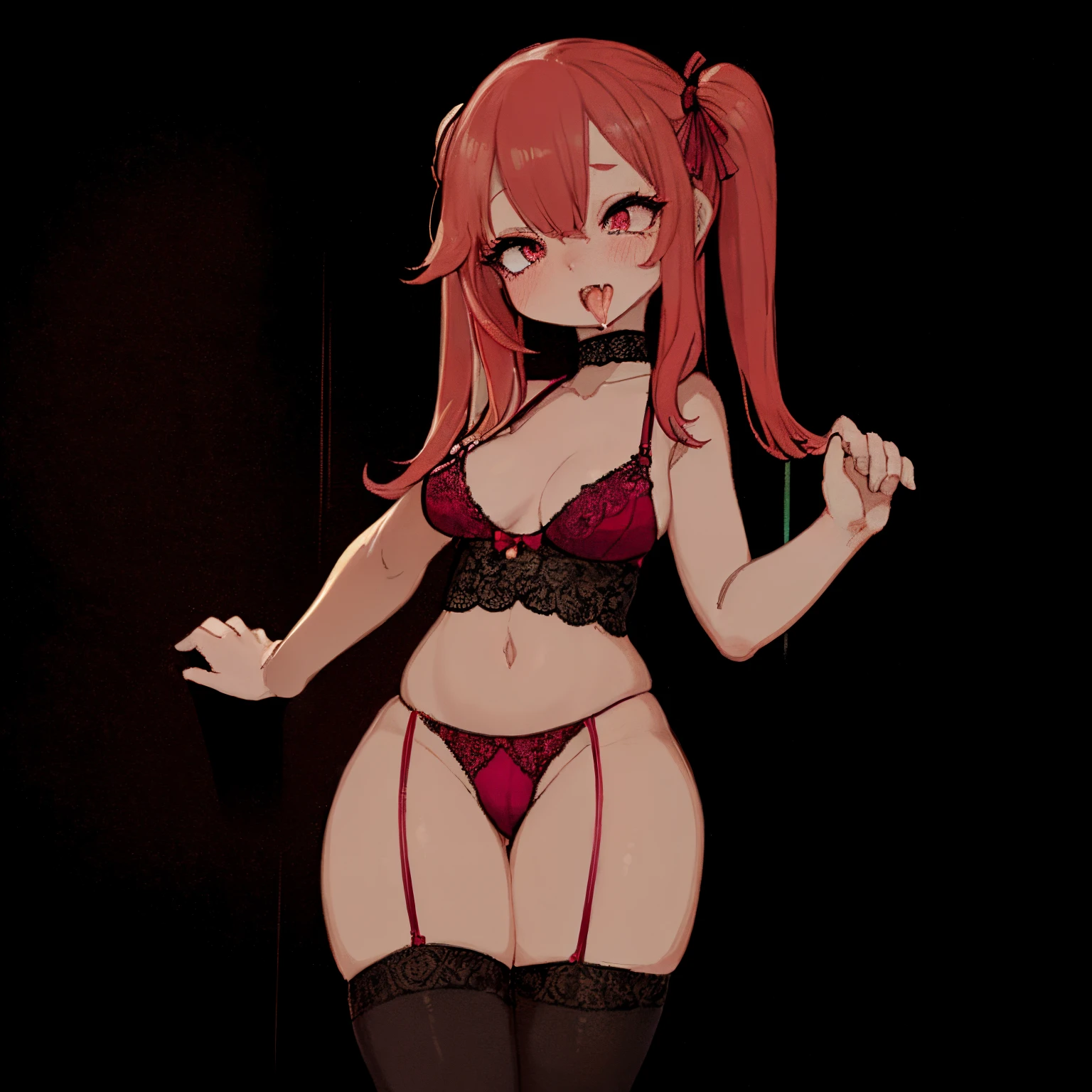 () Chica ROJA,Wear red lingerie,labios rojos brillantes,Ojos y cara detallados,Cabello rojo largo y suelto,standing in a dark room,Soft lighting,vivid colors,Artistic portrait,High resolution. (SNFW)