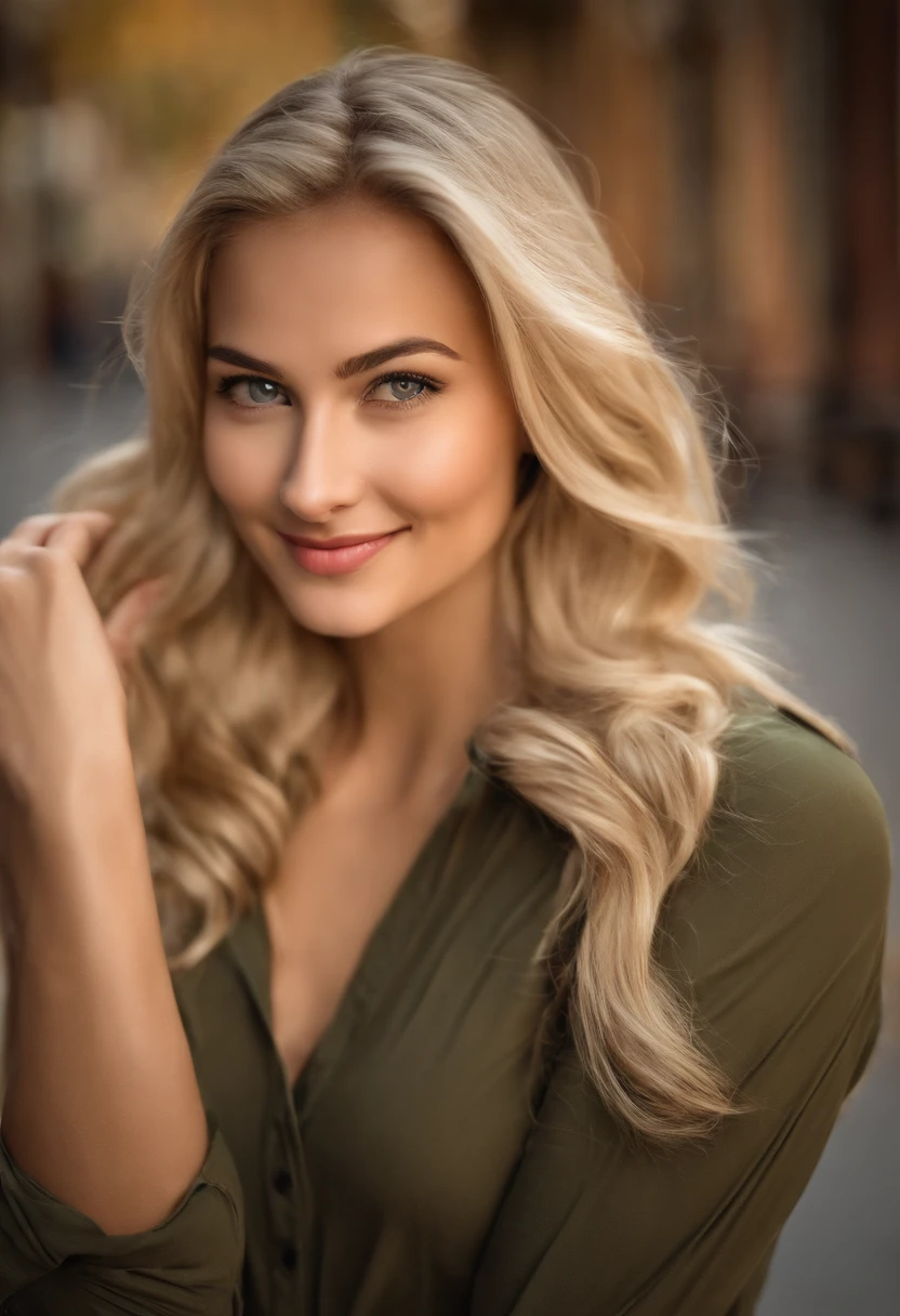 Frau im grauen Hemd macht ein Selfie mit ihrem Handy, beautiful blonde girl, enges Hemd tragen, enges Hemd, Spaltung, attractive girl, breathtaking beauty, she has a cute face, a beautiful blonde, Ordentlich aus ihrem Kopf kommend, beautiful upper body, good young girl, cute seductive smile, niedliche junge frau, vollbusig, schnappschuss