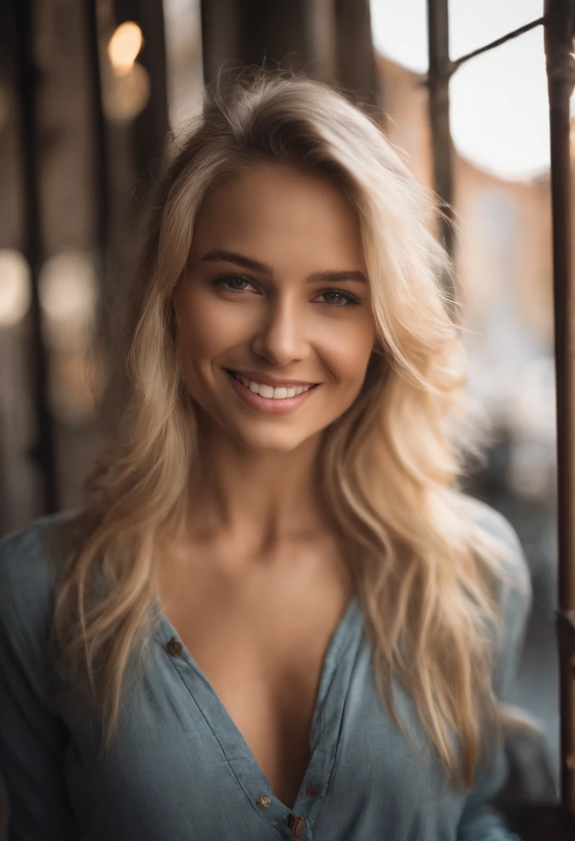 Frau im grauen Hemd macht ein Selfie mit ihrem Handy, beautiful blonde girl, enges Hemd tragen, enges Hemd, Spaltung, attractive girl, breathtaking beauty, she has a cute face, a beautiful blonde, Ordentlich aus ihrem Kopf kommend, beautiful upper body, good young girl, cute seductive smile, niedliche junge frau, vollbusig, schnappschuss